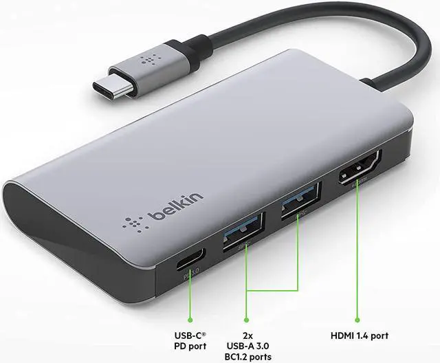 Alt view image 7 of 12 - Belkin USB-C Hub - 4-in-1 Multi-Port Adapter Laptop Docking Station with 4K HDMI, USB-C with 100 Watt Pass-Through Power Delivery, and 2 X USB-A Ports for all your devices