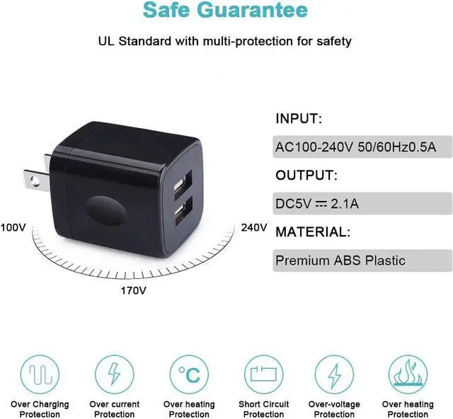 Alt view image 2 of 7 - Android Charger, 2-Pack 2.1A Dual Port USB Charging Block Charger Plug with 6FT Fast Charging Micro USB Cable Phone Chargers Android Cord for Samsung Galaxy S7 S6 S5 J7V J7 J8 Note 5,LG K40 K30 K20 G3