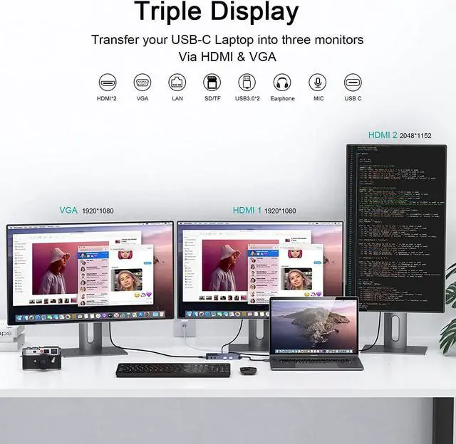 Alt view image 7 of 7 - QGeeM USB 3.0 Docking Station, USB C Hub to HDMI Multiport Adapter,USB Hub Dual HDMI VGA Monitor Triple Display Portable Laptop USB Dock
