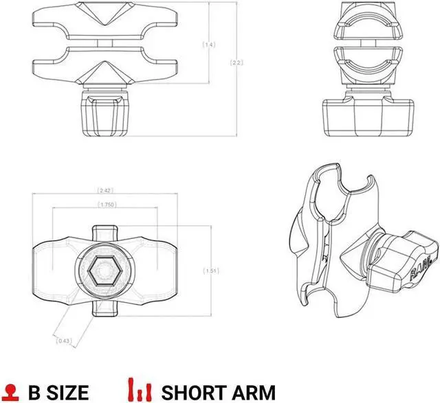 Alt view image 7 of 7 - RAM Mounts RAP-B-201U-A Composite Double Socket Arm - Short Arm Compatible with B Size 1" Ball Components