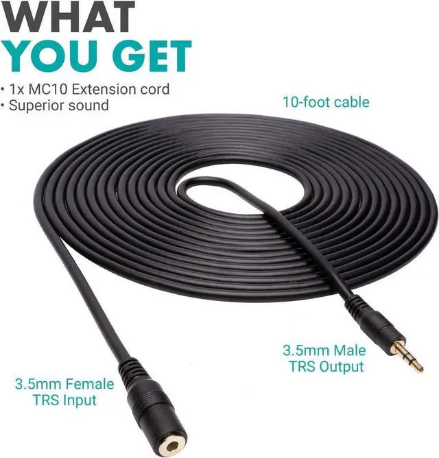 Alt view image 6 of 7 - MC10 3.5mm Audio Cable - 3.5mm TRS Female to Male 10ft Extension Cord for Microphones Headphones and More