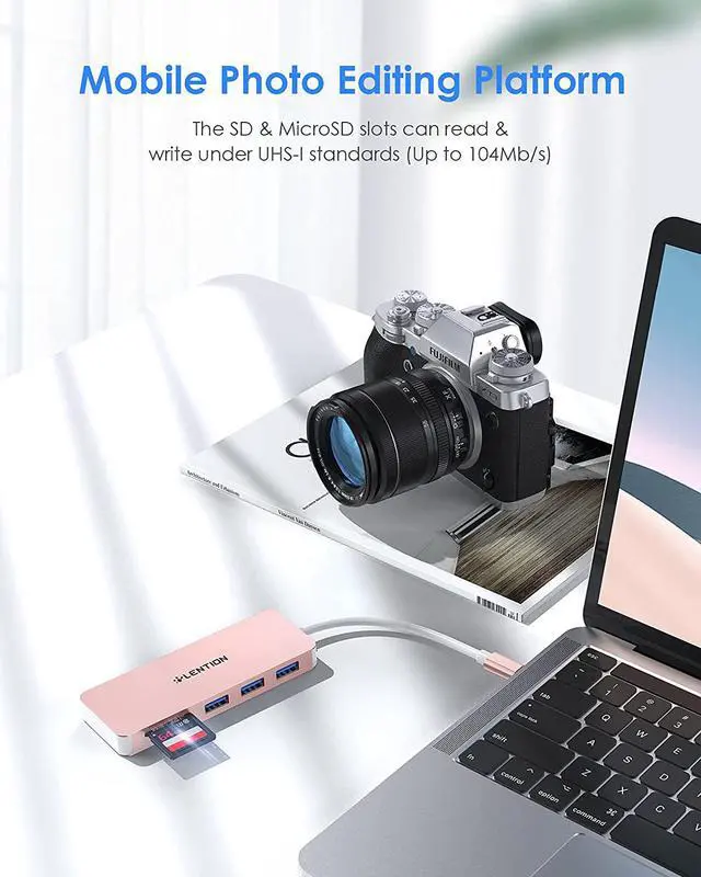 Alt view image 2 of 7 - LENTION USB C Hub with 3 USB 3.0 & SD/Micro SD Card Reader Compatible 2022-2016 MacBook Pro, New Mac Air/iPad Pro/Surface, More, Stable Driver Certified Type C Adapter (CB-C15, Rose Gold)