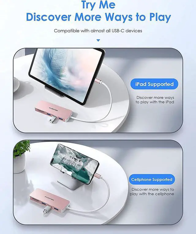 Alt view image 4 of 7 - LENTION USB C Hub with 3 USB 3.0 & SD/Micro SD Card Reader Compatible 2022-2016 MacBook Pro, New Mac Air/iPad Pro/Surface, More, Stable Driver Certified Type C Adapter (CB-C15, Rose Gold)