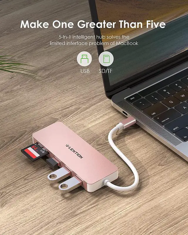 Alt view image 5 of 7 - LENTION USB C Hub with 3 USB 3.0 & SD/Micro SD Card Reader Compatible 2022-2016 MacBook Pro, New Mac Air/iPad Pro/Surface, More, Stable Driver Certified Type C Adapter (CB-C15, Rose Gold)