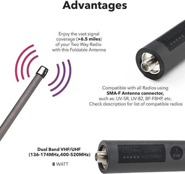 Alt view image 2 of 7 - Mirkit Foldable Tactical Antenna 18.7 inch with SMA-Female Connector, Dual Band VHF/UHF (136-174MHz, 400-480MHz) for: UV-5R, UV-82, BF-F8HP, UV-5R V2+ Plus, BF-F9 V2+ Two Way Radios