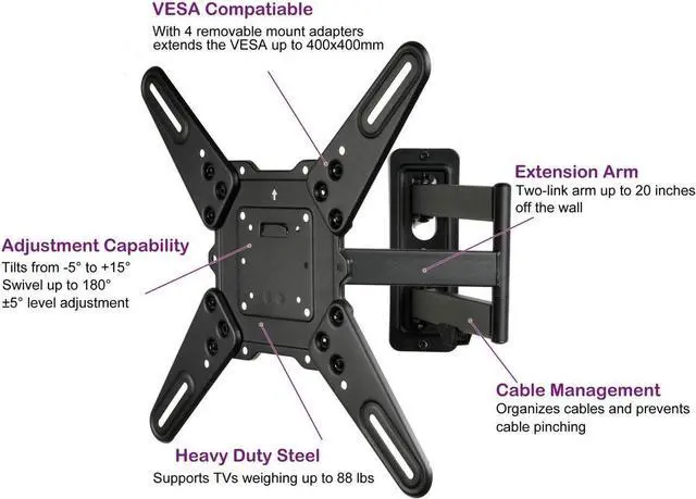 Alt view image 6 of 7 - VideoSecu ML531BE2 TV Wall Mount kit with Free Magnetic Stud Finder and HDMI Cable for Most 26-55 TV and New LED UHD TV up to 60 inch 400x400 Full Motion with 20 inch Articulating Arm WT8