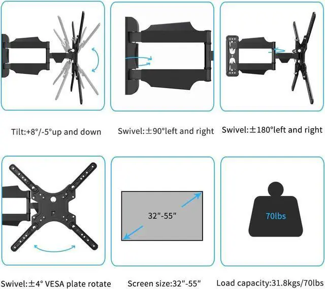 Alt view image 3 of 7 - Suptek Adjustable TV Wall Mount Swivel and Tilt TV Arm Bracket for Most 32-55 inch LED, LCD Monitor and Plasma TVs up to 70lbs VESA up to 400x400mm (MAFD-L400)