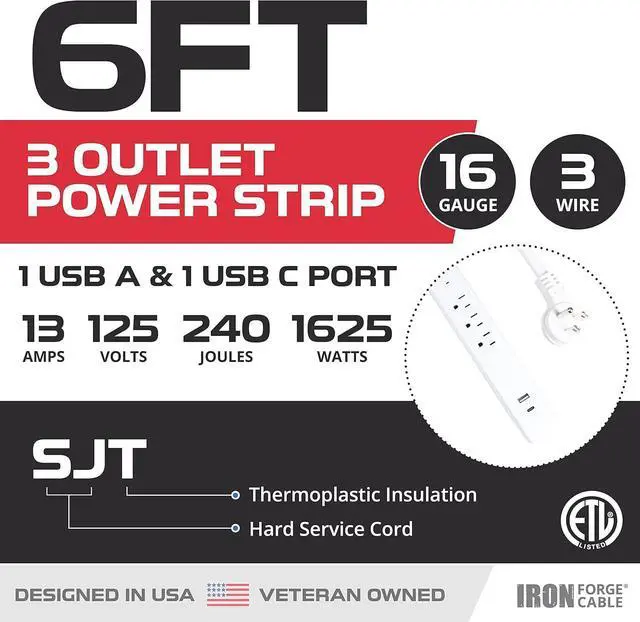 Alt view image 2 of 5 - IRON FORGE CABLE Surge Protector Power Strip 3 Outlets with (USB A & USB C), Flat Plug 6 Ft Long Extension Cord 13A/1625W, ETL Listed - White
