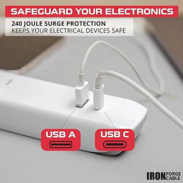 Alt view image 4 of 5 - IRON FORGE CABLE Surge Protector Power Strip 3 Outlets with (USB A & USB C), Flat Plug 6 Ft Long Extension Cord 13A/1625W, ETL Listed - White