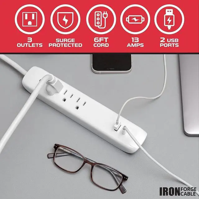 Alt view image 3 of 5 - IRON FORGE CABLE Surge Protector Power Strip 3 Outlets with (USB A & USB C), Flat Plug 6 Ft Long Extension Cord 13A/1625W, ETL Listed - White