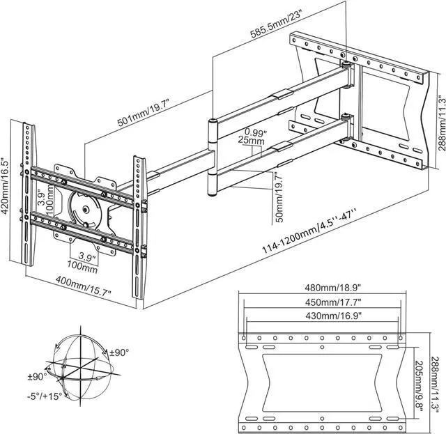 Alt view image 5 of 7 - Physix 2120 Long arm TV Wall Mount for 32-75 inch Screens | Extra Long Extension up to 47 inch | Heavy-Duty TV Mount Holds up to 77 lbs | Full-Motion, swivels up to 180° | Max. VESA 400x400