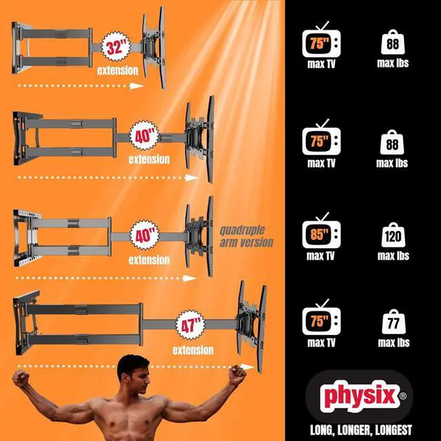 Alt view image 6 of 7 - Physix 2120 Long arm TV Wall Mount for 32-75 inch Screens | Extra Long Extension up to 47 inch | Heavy-Duty TV Mount Holds up to 77 lbs | Full-Motion, swivels up to 180° | Max. VESA 400x400