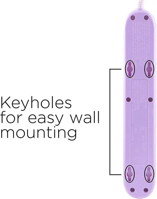 Alt view image 2 of 6 - Cordinate 6-Outlet Surge Protector, Power Strip, Flat Plug, Braided Cord, Decorative, 3 ft Power Cord, Wall Mount, Tangle-Free, Warranty, Lavender, 41639