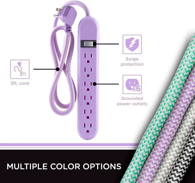 Alt view image 3 of 6 - Cordinate 6-Outlet Surge Protector, Power Strip, Flat Plug, Braided Cord, Decorative, 3 ft Power Cord, Wall Mount, Tangle-Free, Warranty, Lavender, 41639
