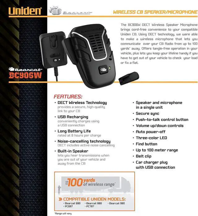 Alt view image 4 of 6 - BC906W Wireless CB Microphone and Speaker in a single unit, Up to 100 Yard Range, Smart Power Save, Active Noise-Canceling Technology, Clear Quality Sound,Black