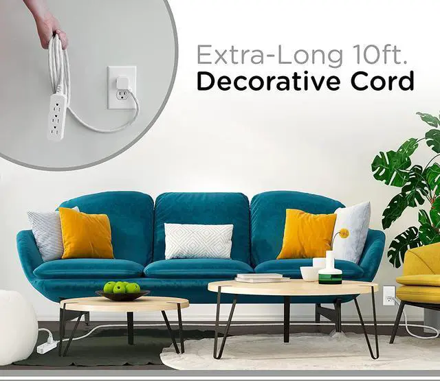 Alt view image 3 of 7 - Cordinate 3 Outlet Power Strip Surge Protector Indoor Extension Cord 16 Gauge 10 Ft 3 Prong Braided Extension Cords Flat Extension Cord ETL Listed White 37914
