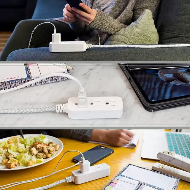 Alt view image 6 of 7 - Cordinate 3 Outlet Power Strip Surge Protector Indoor Extension Cord 16 Gauge 10 Ft 3 Prong Braided Extension Cords Flat Extension Cord ETL Listed White 37914
