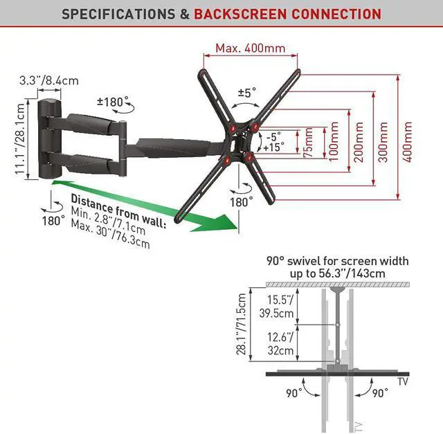 Alt view image 5 of 16 - barkan long tv wall mount, 13-65 inch full motion articulating - 4 movement flat/curved screen bracket, holds up to 79lbs, extremely extendable, fits led oled lcd