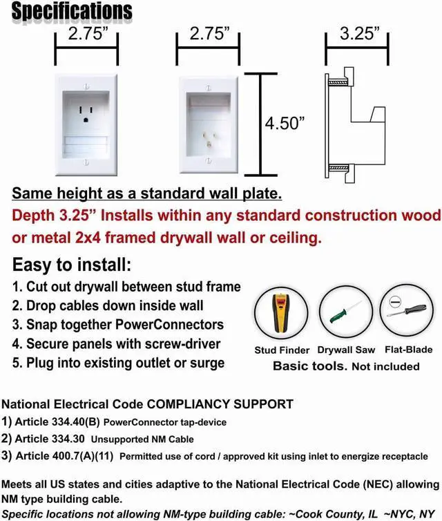 Alt view image 5 of 7 - ONE-CK Single Outlet TV Cord Hider for Wall Mounted TVs - Recessed In-Wall Cable hider System for Power & Low Voltage - Matches Existing Outlets - Hide Wires With this Easy DIY Install Kit