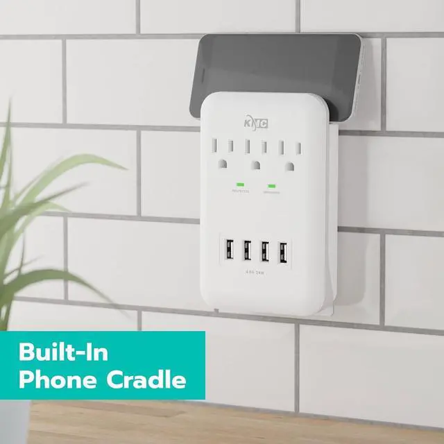 Alt view image 3 of 7 - KMC 3-Outlet Wall Mount Surge Protector, 900 Joules, 4 USB 4.8 AMP USB Charging Ports, Phone Holder Cradle for Home, School or Office, ETL Certified