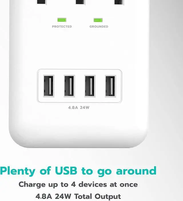 Alt view image 4 of 7 - KMC 3-Outlet Wall Mount Surge Protector, 900 Joules, 4 USB 4.8 AMP USB Charging Ports, Phone Holder Cradle for Home, School or Office, ETL Certified