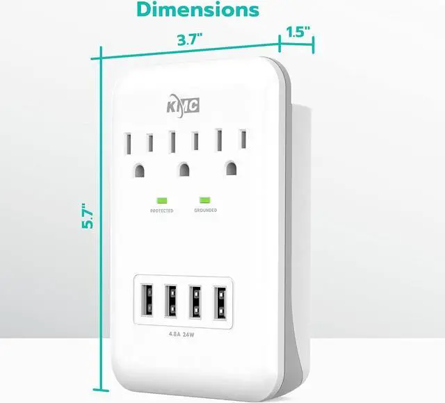 Alt view image 6 of 7 - KMC 3-Outlet Wall Mount Surge Protector, 900 Joules, 4 USB 4.8 AMP USB Charging Ports, Phone Holder Cradle for Home, School or Office, ETL Certified