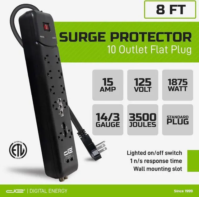Alt view image 3 of 5 - Digital Energy 10-Outlet Flat Plug 3500 Joules Heavy Duty Surge Protector Power Strip, 8 Foot Long Extension Cord, Two USB Charging Ports, Coaxial, Phone Protection, ETL Listed, 15 AMP, 8 FT, Black