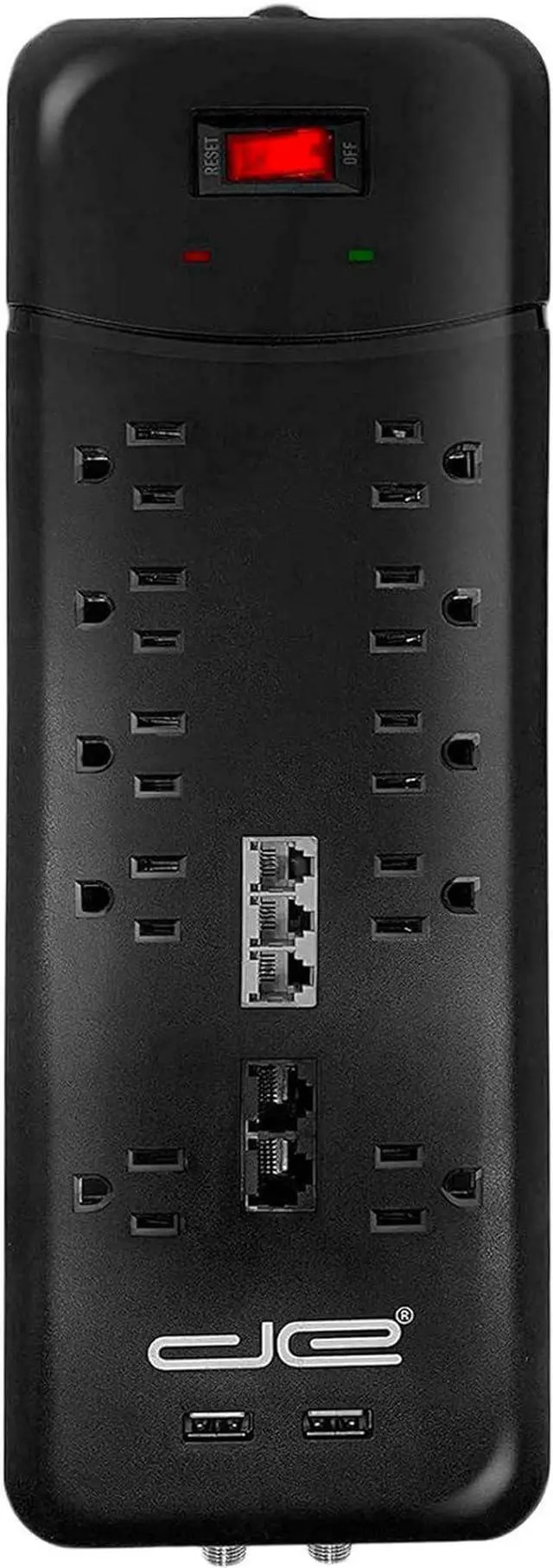 Alt view image 4 of 5 - Digital Energy 10-Outlet Flat Plug 3500 Joules Heavy Duty Surge Protector Power Strip, 8 Foot Long Extension Cord, Two USB Charging Ports, Coaxial, Phone Protection, ETL Listed, 15 AMP, 8 FT, Black