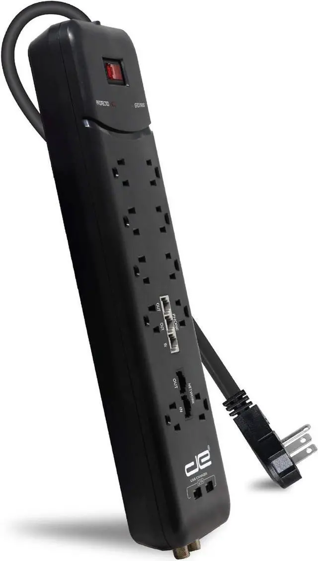 Alt view image 5 of 5 - Digital Energy 10-Outlet Flat Plug 3500 Joules Heavy Duty Surge Protector Power Strip, 8 Foot Long Extension Cord, Two USB Charging Ports, Coaxial, Phone Protection, ETL Listed, 15 AMP, 8 FT, Black