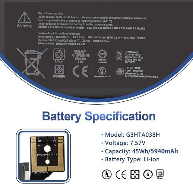 Alt view image 3 of 7 - G3HTA038H Battery Replacement for Microsoft Surface Pro 5th (Model 1796, 2017) Surface Pro 6 (Model 1807/1809/1796, 2018) 12.3" 2-in-1, Core i5 i7 m3, FJU-00001 FKG-00001 FKJ-00001, DYNM02 with Tools