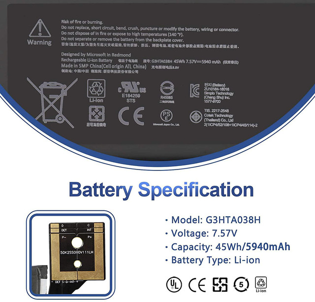 Replacement Battery G3HTA038H – For Microsoft Surface Pro 5 & Pro 6 (1796) – 45Wh LiPo