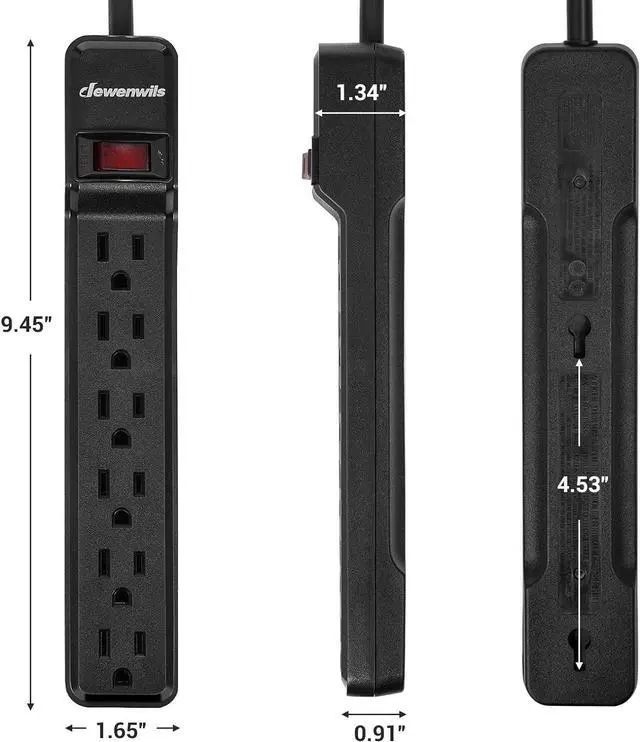 Alt view image 7 of 7 - DEWENWILS 2-Pack Power Strip Surge Protector,25 Ft Extra Long Extension Cord, Low Profile Flat Plug,15 Amp Circuit Breaker, 500 Joules, Wall Mount, Black, UL Listed