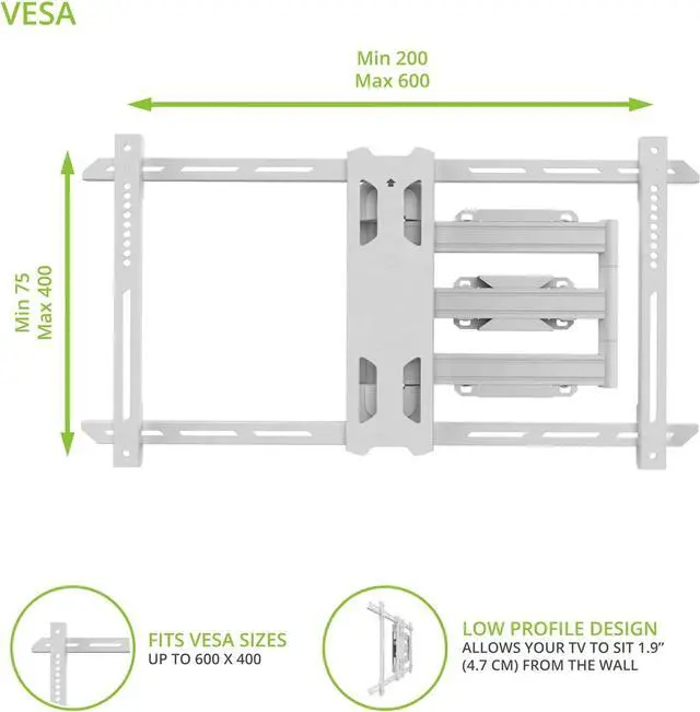 Alt view image 2 of 7 - Kanto PS350W Full Motion Articulating TV Wall Mount for 37-inch to 60-inch TVs | Low Profile & 22" Extension | VESA Compatible up to 600 x 400 | White