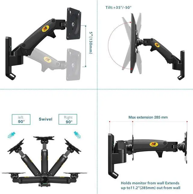 Alt view image 6 of 7 - NB North Bayou TV Monitor Wall Mount Bracket Full Motion Articulating Swivel for 17-27 Inch Monitors with Gas Spring (Black Single Extension) F120-B