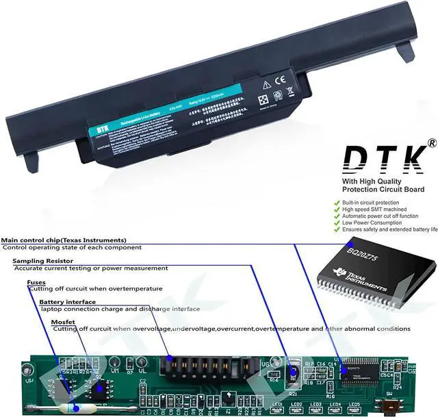 Alt view image 2 of 6 - DTK 10.8V 5200mAh Laptop Battery for ASUS R500V A45 A55 A75 K45 K55 K75 R400 R500 R700 U57 X45 X55 X75 Series (P/N A32-K55 A33-K55 A41-K55 A42-K55)