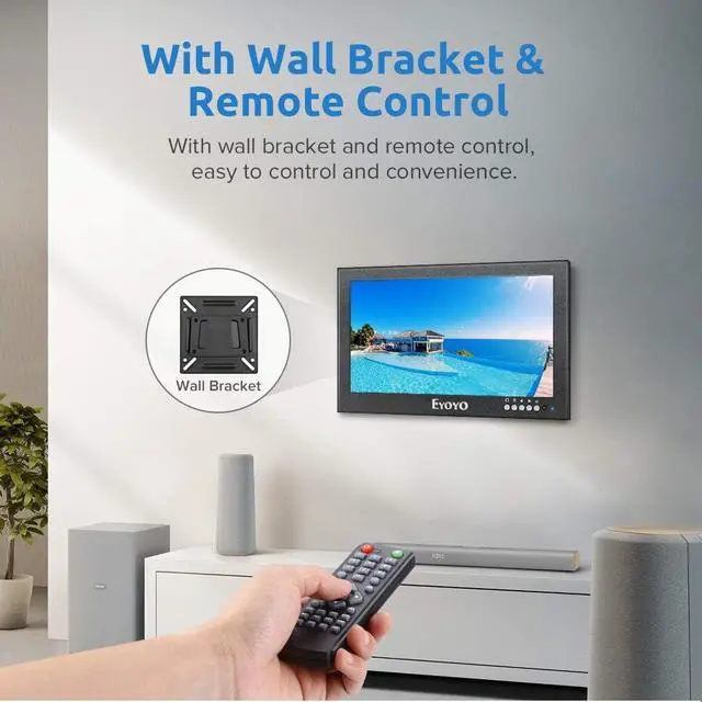 Alt view image 4 of 7 - Eyoyo 12'' inch Small HDMI CCTV Monitor, 1366x768 IPS Metal Housing LED Screen W/Wall Bracket&Remote Control with HDMI/VGA/AV/BNC Input Built-in Speakers for PC, Security Camera, Raspberry Pi