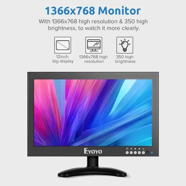 Alt view image 2 of 7 - Eyoyo 12'' inch Small HDMI CCTV Monitor, 1366x768 IPS Metal Housing LED Screen W/Wall Bracket&Remote Control with HDMI/VGA/AV/BNC Input Built-in Speakers for PC, Security Camera, Raspberry Pi