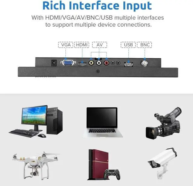 Alt view image 6 of 7 - Eyoyo 12'' inch Small HDMI CCTV Monitor, 1366x768 IPS Metal Housing LED Screen W/Wall Bracket&Remote Control with HDMI/VGA/AV/BNC Input Built-in Speakers for PC, Security Camera, Raspberry Pi