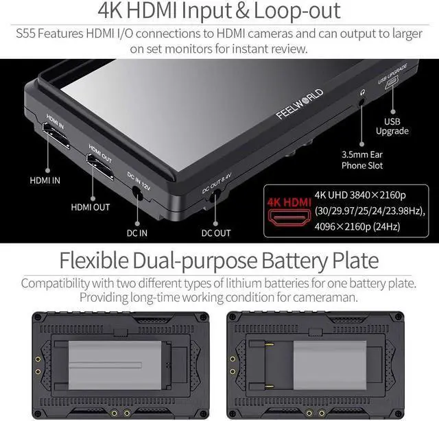 Alt view image 6 of 7 - S55 6 inch Camera DSLR Field Monitor Small Full HD 1920x1080 IPS LUT Video Peaking Focus Assist with 4K HDMI 8.4V DC Input Output Include Tilt Arm