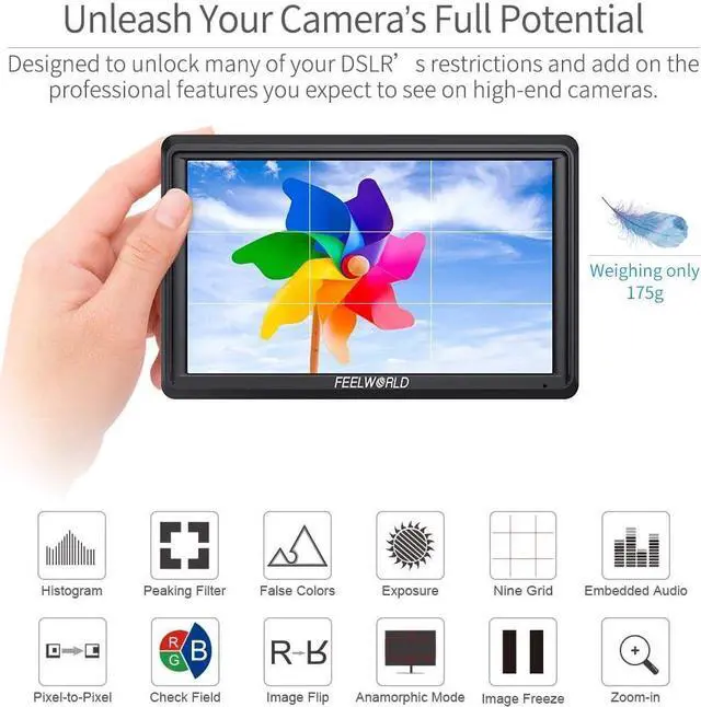 Alt view image 5 of 7 - S55 6 inch Camera DSLR Field Monitor Small Full HD 1920x1080 IPS LUT Video Peaking Focus Assist with 4K HDMI 8.4V DC Input Output Include Tilt Arm