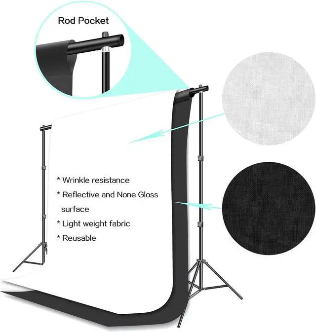 Alt view image 3 of 7 - Photography Umbrella Continuous Lighting Kit,Muslin Backdrop Kit(White Black), Backdrop Clips Clamp,10ft Photo Background Photography Stand System for Photo Video Studio Shooting
