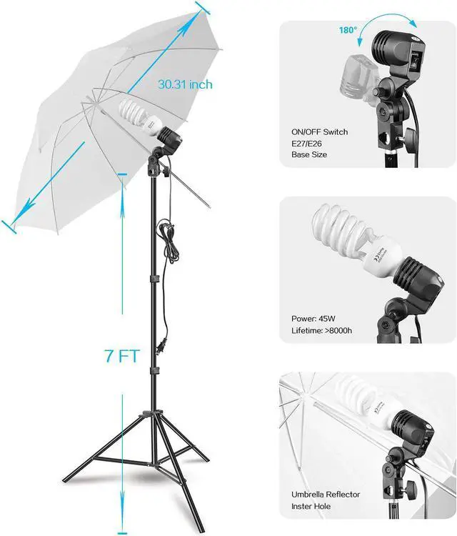 Alt view image 4 of 7 - Photography Umbrella Continuous Lighting Kit,Muslin Backdrop Kit(White Black), Backdrop Clips Clamp,10ft Photo Background Photography Stand System for Photo Video Studio Shooting
