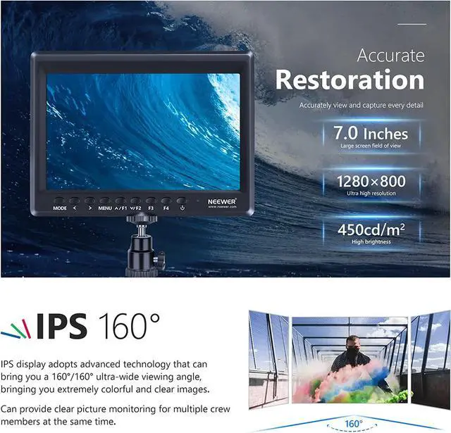 Alt view image 3 of 6 - F100 7inch Camera Field Monitor HD Video Assist IPS 1280x800 HDMI Input 1080p with Sunshade and Ball Head for DSLR Cameras, Handheld Stabilizer, Film Video Making Rig (Battery Not Included)