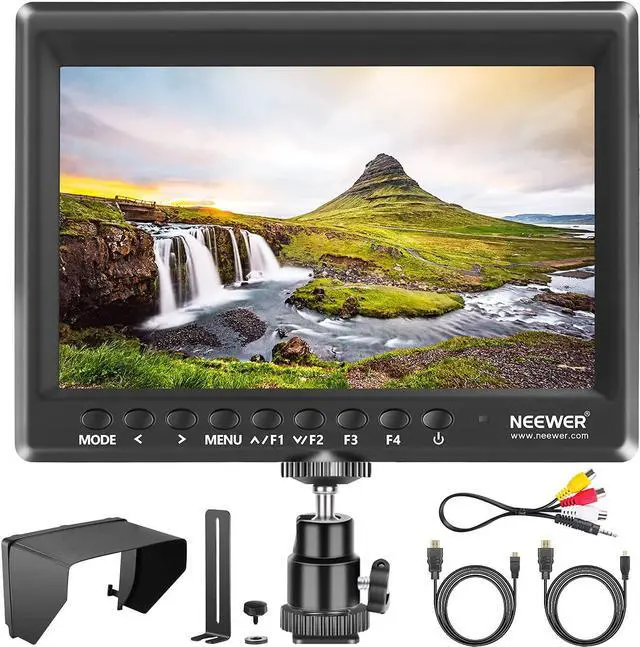 Main image of F100 7inch Camera Field Monitor HD Video Assist IPS 1280x800 HDMI Input 1080p with Sunshade and Ball Head for DSLR Cameras, Handheld Stabilizer, Film Video Making Rig (Battery Not Included)