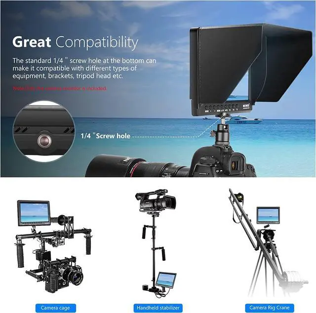 Alt view image 6 of 6 - F100 7inch Camera Field Monitor HD Video Assist IPS 1280x800 HDMI Input 1080p with Sunshade and Ball Head for DSLR Cameras, Handheld Stabilizer, Film Video Making Rig (Battery Not Included)