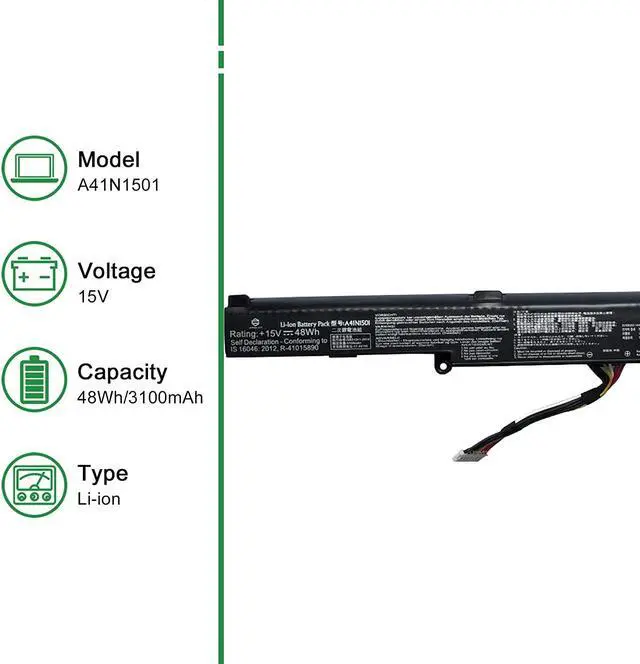 Alt view image 2 of 6 - JIAZIJIA A41N1501 Laptop Battery Replacement for Asus Rog G752VW GL752 GL752V GL752VLM GL752VW GL752VWM N552V N552VW N552VX N752 N752V N752VW N752VX Series A41LK9H 15V 48Wh 3100mAh 4-Cell