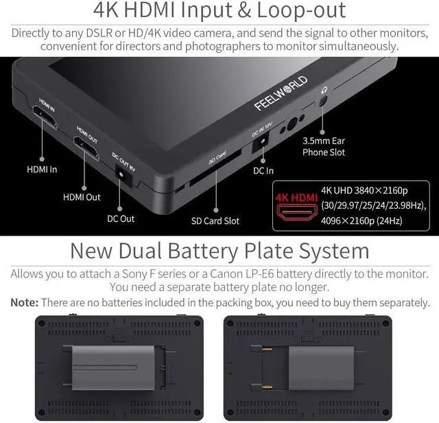 Alt view image 4 of 7 - F6 Plus F6 Pro +Battery+Carrying Case 6 inch DSLR Camera Field Monitor with Touchscreen Waveform HDR 3D LUT Small Full HD 1920x1080 Support 4K HDMI Input Output