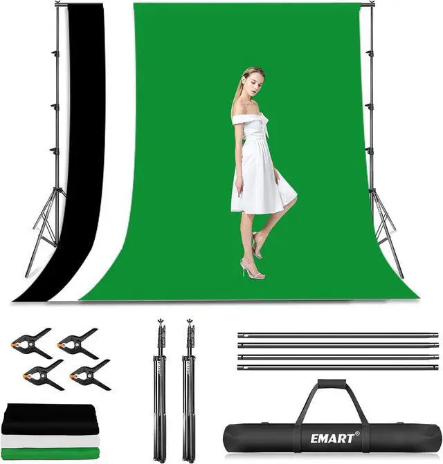 Main image of EMART Photo Video Studio Backdrop Stand Kit, 8.5x10ft Adjustable Photography Green Screen Support System with 3 Polyester Backgrounds for Photoshoot (Black White Green)