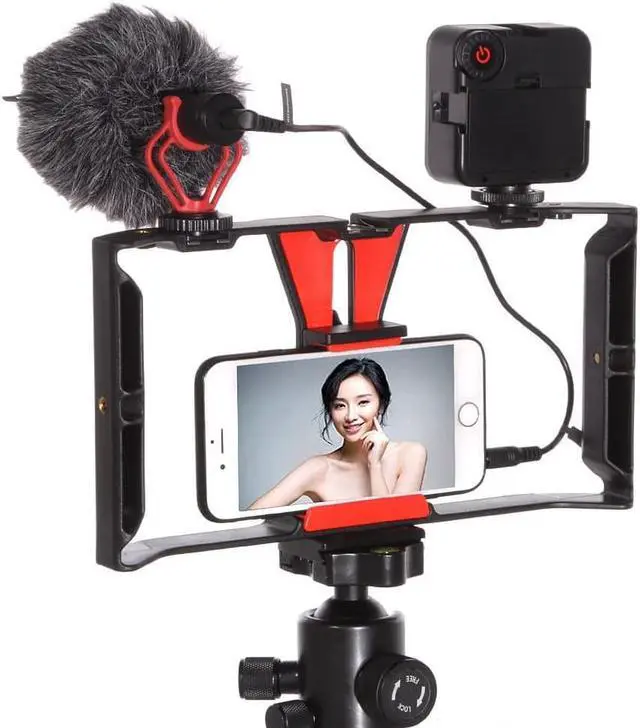 Main image of Smartphone Video Rig Camera Cage Mount Holder Stabilizer Handle Grip with BOYA by-MM1 Shotgun Microphone Mic + 49 LED Light Kit for Mobile Phone iPhone Filmmaking Professional Videomaker