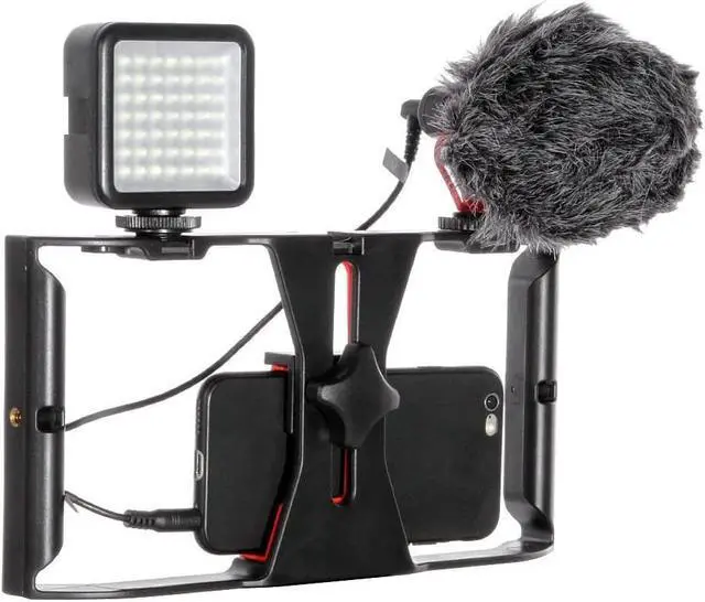 Alt view image 2 of 7 - Smartphone Video Rig Camera Cage Mount Holder Stabilizer Handle Grip with BOYA by-MM1 Shotgun Microphone Mic + 49 LED Light Kit for Mobile Phone iPhone Filmmaking Professional Videomaker